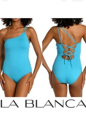 La Blanca Island Goddess Lace-Up Back One Shoulder One Piece Swimsuit NWT Blue